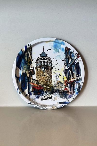 Makri Istanbul Patterned Tray, Presentation Tray, Metal Tray, 32 cm Diameter, 2 cm Depth