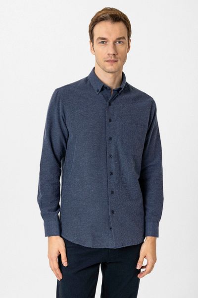 SÜVARİ Ανδρικό χειμερινό πουκάμισο Cavalry Loose Fit Navy Blue Plain Flannel με τσέπες