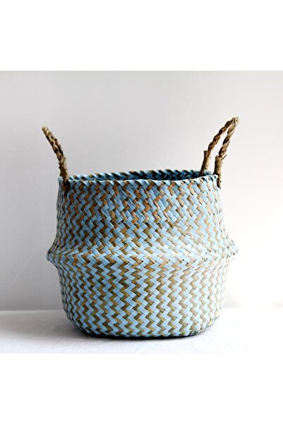Choice سلال تخزين خوص مخططة بديكور بوهو أزرق وبني مقاس 32 سم × 28 سم، مصنوعة يدويًا، قابلة للطي