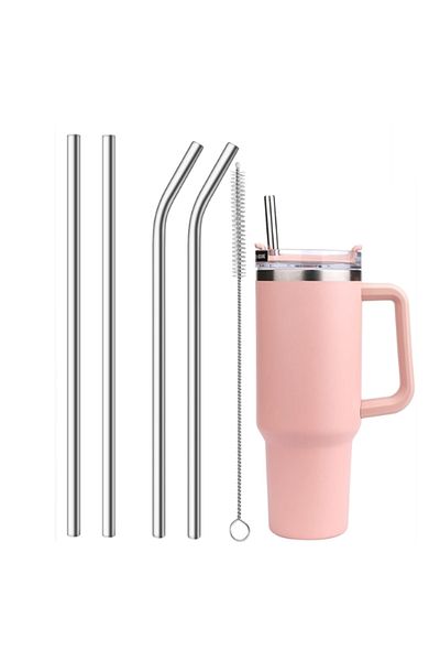 Choice 2 Bends And 2 Straig 10mm Wide 12 Inch Reusable Stainless Steel Straw, 6pcs Large Straws With Cleani