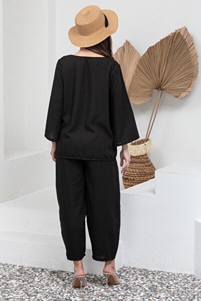 KÜÇÜĞÜM BUTİK Black Cotton Muslin Long Sleeve Blouse and Loose Pants Set (Bluz-Pants)