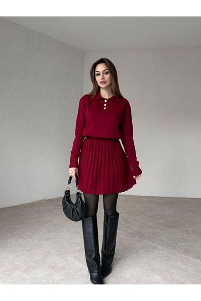 Cistern İstanbul Women's Burgundy Polo Neck Sweater Pleated Skirt Bottom Top Set