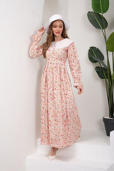 KÜÇÜĞÜM BUTİK Hijab Rochie Floral Colorată pentru Pardoseală, Guler Scallop Vintage
