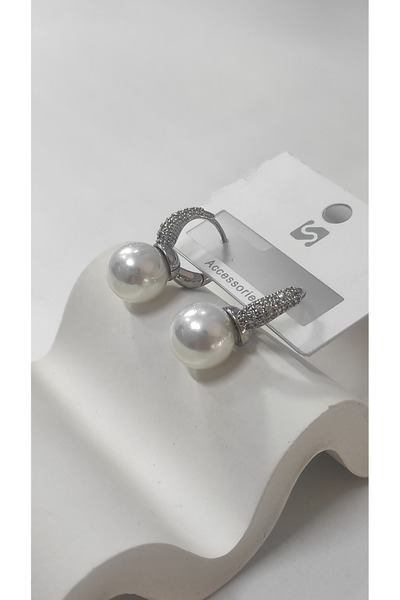 Bijutek Silver Color Women's Earrings Bijouterie with Metal Stone Detail