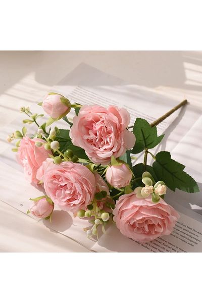 Choice Light Pink 30cm Rose Pink Silk Bouquet Peony Artificial Flower 5 Big Head 4 Small Bud Bride Wedding