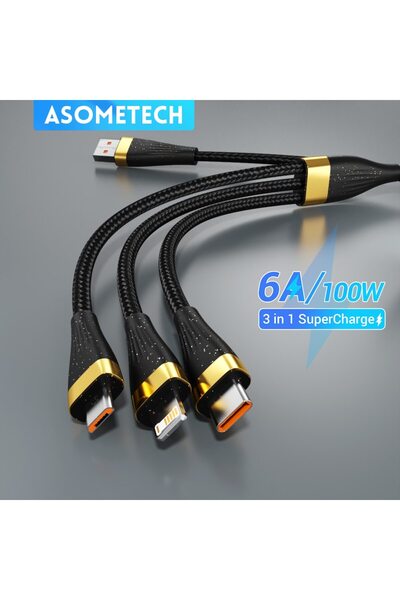 ASOMETECH كابل شحن USB 3 في 1 بطول 2 متر، 6 أمبير، 100 وات، لهاتف Huawei/hono...