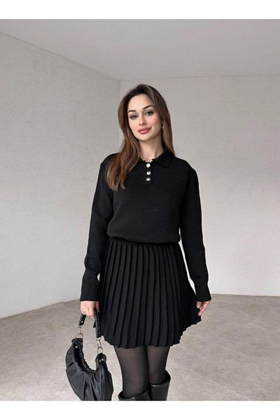 Cistern İstanbul Women's Black Polo Neck Sweater Pleated Skirt Bottom Top Set