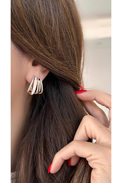 SU PERİSİ TAKI BİJUTERİ Vip Seri Gold Sedef ve Zirkon Detaylı Çoklu Görünümlü Küpe