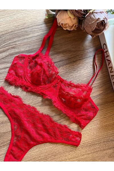 teknotrust Lace Underwire Floral Women's Red New Year's Special Underwear Set Bra Set