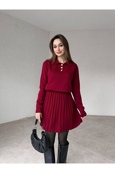 Cistern İstanbul Women's Burgundy Polo Neck Sweater Pleated Skirt Bottom Top Set