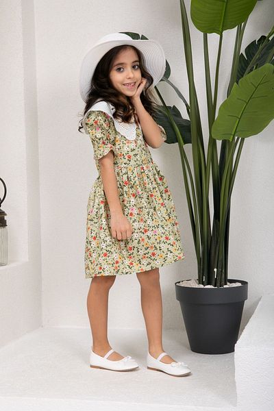 KÜÇÜĞÜM BUTİK Vintage Scallop λαιμόκοψη πράσινο πάτωμα πολύχρωμο φλοράλ κοριτσίστικο φόρεμα