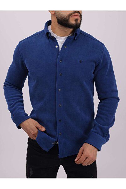 cliento Erkek Saks Slim Fit Likralı Fitilli Kadife Kumaş İçi Polarlı Gömlek
