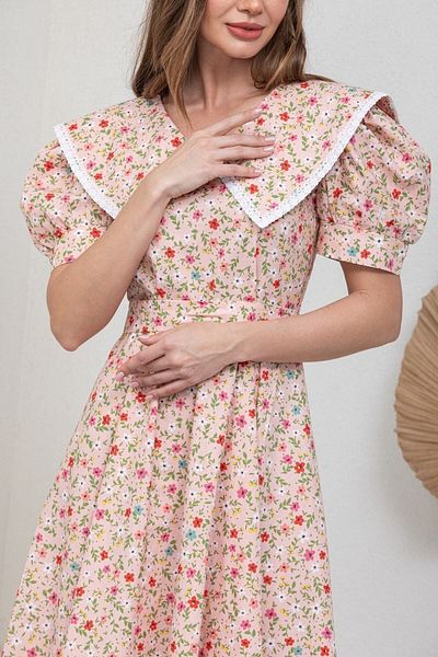 KÜÇÜĞÜM BUTİK Vintage πούδρα Floral γιακάς Ποπλίνα Midi Μήκος Flared Φόρεμα