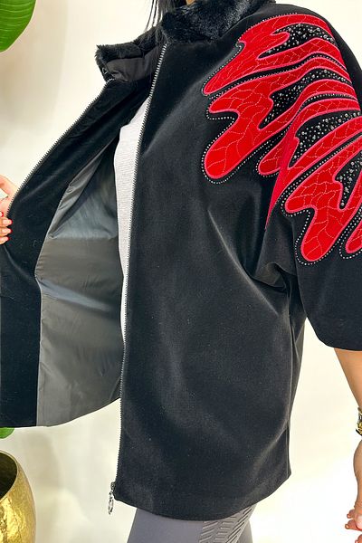 GÖKSEL Large Size Velvet Coat with Embroidery Detail - Black Red