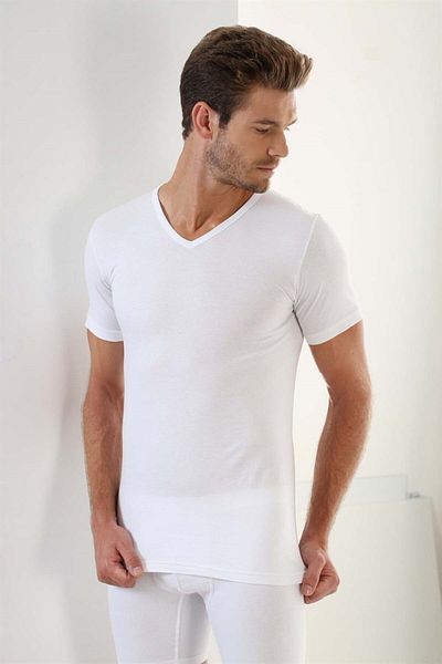 Arma Yıldız Ανδρικό λευκό μπλουζάκι Slim Fit - 100% βαμβάκι, λαιμόκοψη V, κοντό μανίκι, εσώρουχο