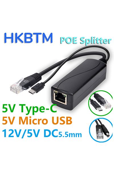 HKBTM 12V-1A (100M) HKBTM POE Splitter 48V To 5V 12V Micro USB tpye-C BarrelJack  Power Supply for Huawei