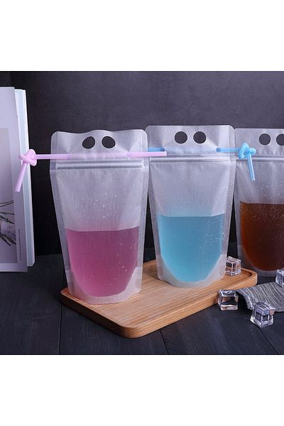 Choice 500ml 50pcs Plastic Liquid Bag 50pcs Straw Juice Coffee Drinks Kitchen Vertical Seal Pouches Frost