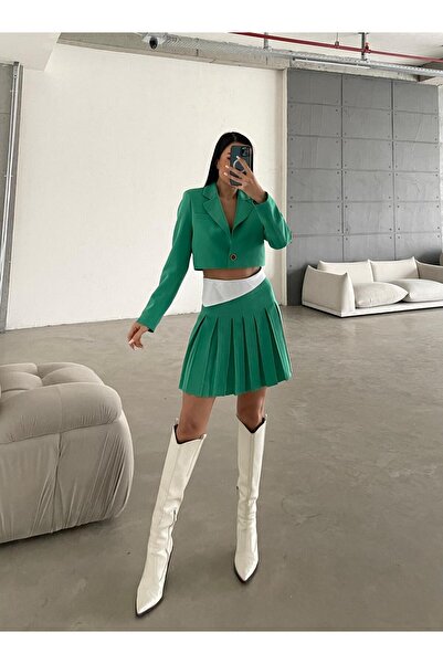 LB Laluna Butik Women's Khaki Blazer Jacket and Skirt Detailed Set