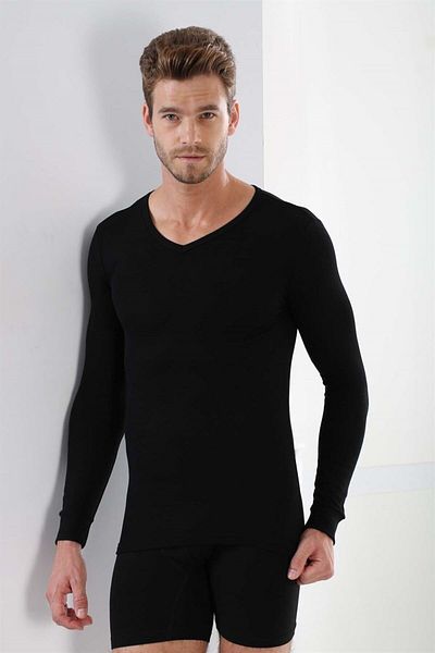 Arma Yıldız Men's Black V-neck Undershirt - Long Sleeve, 100% Cotton, Rib