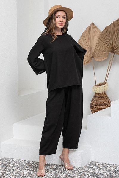 KÜÇÜĞÜM BUTİK Set bluză cu mânecă lungă și pantaloni largi din bumbac negru (BLUZ-PANTALONI)