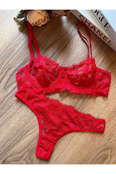 teknotrust Lace Underwire Floral Women's Red New Year's Special Underwear Set Bra Set