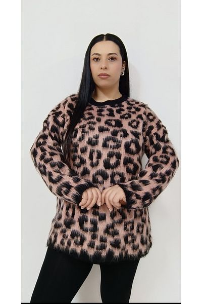 AKŞEN GİYİM Large Size Leopard Patterned Wool Effect Soft 50 cm Sweater