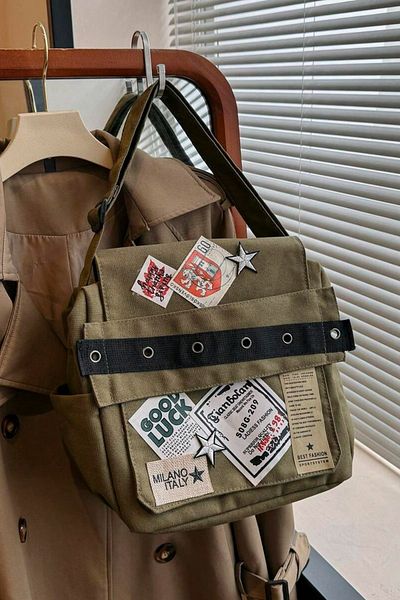 Köstebek Khaki Good Luck Patch Printed Postman Shoulder Bag
