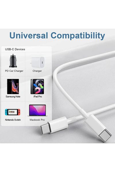 Choice كابل شحن سريع USB C إلى C بطول 1 متر باللون الأبيض 1 متر/3 قدم و2 متر/6 قدم و3 متر/10 قدم للهواتف الذكية التي تعمل بنظام Android وiphone