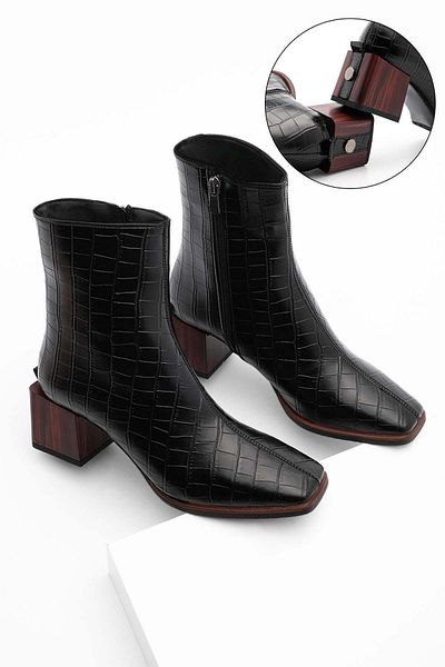 Marjin Women's Heeled Boots&bootie Blunt Toe Wooden Pattern Heel Zippered Daily Classic Boots Sayen Black Croco