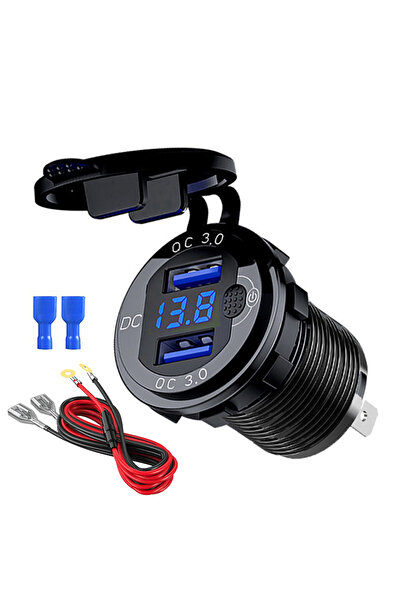 Choice شاحن سيارة سريع من الألومنيوم Qc3.0 بمنفذ USB مزدوج باللون البرتقالي مع زر تبديل وشاشة عرض جهد LED