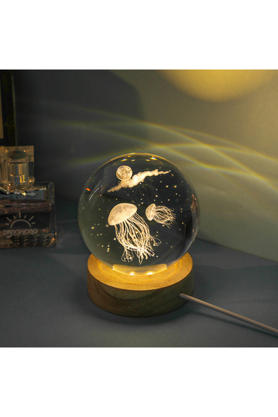 Choice USB Plug 3D Jellyfish Laser engraved crystal ball LED night light, birthday girlfriend classmate wi