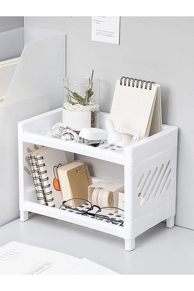 Choice White 1pc Pp Desktop Double Layer Storage Rack Rectangular White Organizing Student Desk Office Cosm