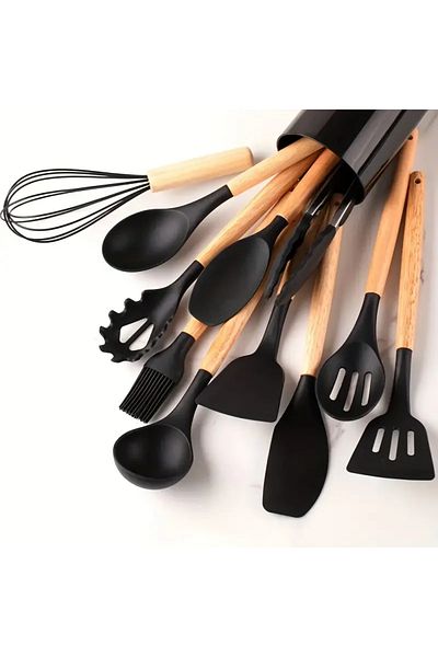 DUTRIEUX 12pcs Black 12pcs Set Of Multi-color Silicone Wooden Handle Kitchenware Set Non Stick Pot Spatula An