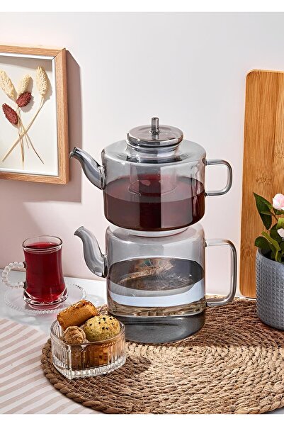 HomeTarz Borosilikat Cam Çaydanlık Seti - Sade Çaydanlık Takımı - Orta Boy - ...