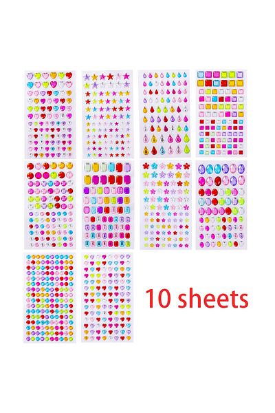 Choice 10 Sheets Muticolor Self Adhesive Gems Stickers For Crafts Bling Rhinestones Assorted Shapes Jewels