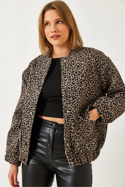 Bianco Lucci Women's Leopard Print Pocket Detail Lined Bomber Jacket 10019 60261276