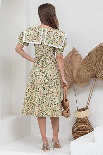 KÜÇÜĞÜM BUTİK Vintage Büyük Yakalı Yeşil Çiçekli Poplin Midi Boy Kloş Elbise