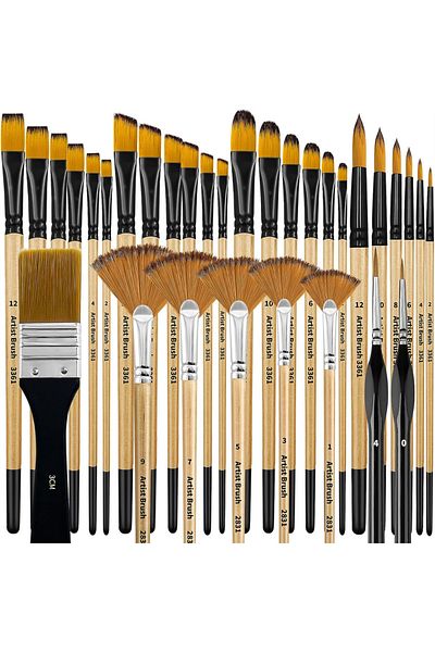 Choice Wood Color 32 Pcs Paint Brushes For Acrylic Painting, Premium Nylon Bristles With Round, Filbert, Fl