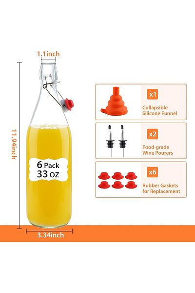 Generic عبوة من 6 زجاجات زجاجية سعة 1 لتر (33 أونصة) ذات غطاء محكم الغلق