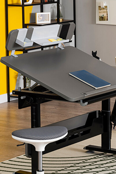 Creo Mobili Vega Delüx Yükseklik Ayarlı Genç Ofis Çalışma Masası + Çalışma Sandalyesi + Keson - Antrasit/Gri