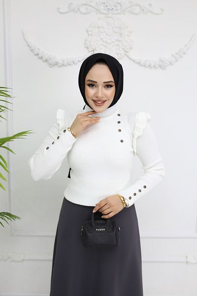 ALLMİRA FASHION Ecru Knitwear Sweater - Button Detail