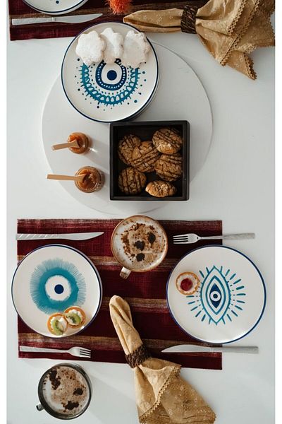 Kevin Seramik Hand Made Evil Eye Beaded 6-Piece Special Design Stackable Cake Plate Set