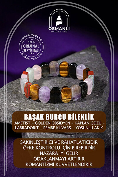OSMANLI DOĞAL TAŞ Başak Burcu Bileklik Ametist, Golden Obsidyen, Kaplan Gözü,...