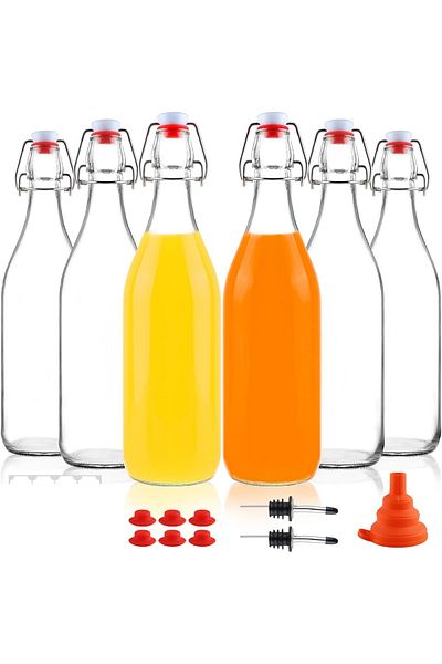 Generic عبوة من 6 زجاجات زجاجية سعة 1 لتر (33 أونصة) ذات غطاء محكم الغلق