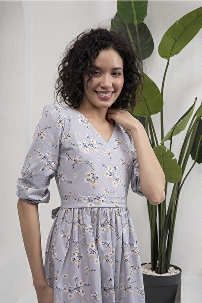KÜÇÜĞÜM BUTİK Gray Color V-Neck Midi Length Spring Branch Poplin Dress