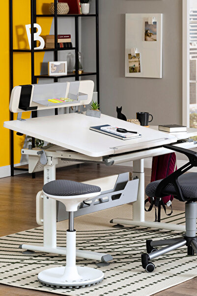 Creo Mobili Yüksekliği Ayarlanabilir Montessori Masa + Sandalye + Keson + Tabure - Beyaz/Gri - Vega Premium