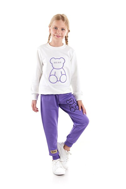 AHENGİM Girl's Seersucker Teddy Bear Printed Trend Tracksuit Set Ak2542
