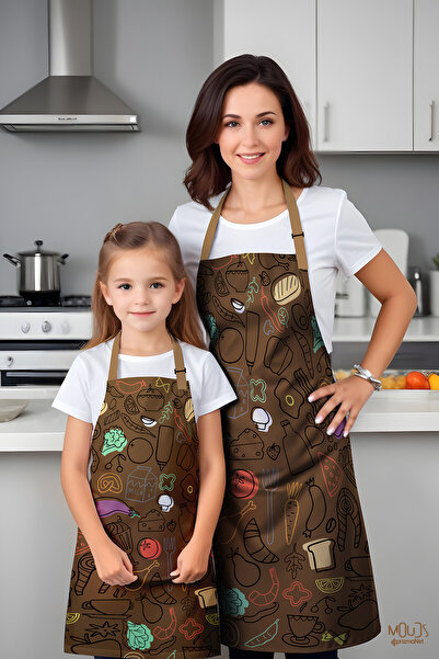 Moud's مريلة مطبخ بنمط طعام بني مكونة من قطعتين - للأم والابنة والطهاة والأطفال والمناسبات