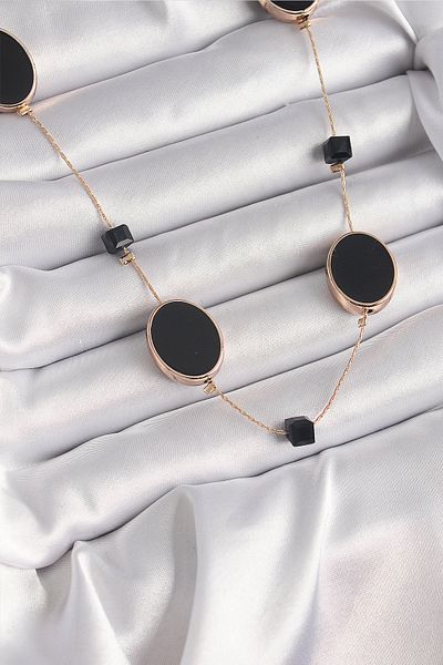 Skygo Brass Gold Color Black Color Oval Black Cube Detail Women's Necklace - Tj-Bko9625