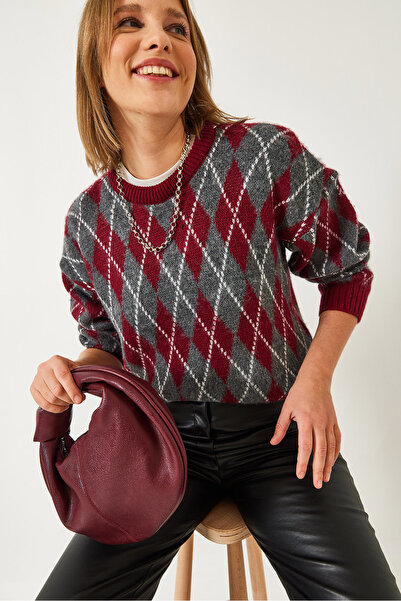 Bianco Lucci Women's Diamond Patterned Raised Knitwear Sweater 60351320